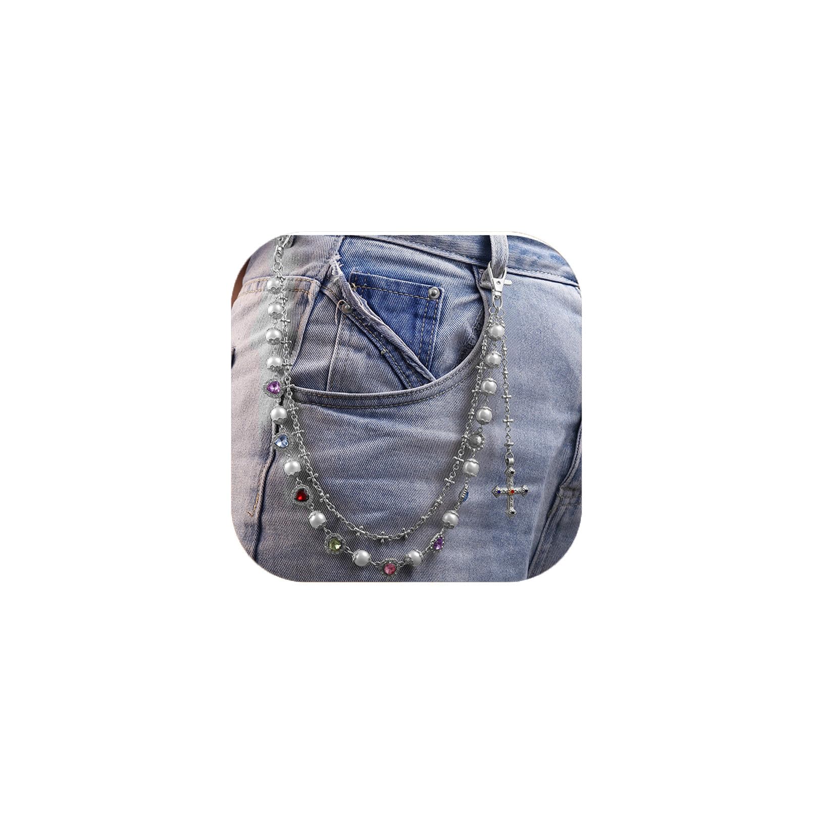 Layered Pearl Pants Chain Wallet Chain with Heart Cross Pendant