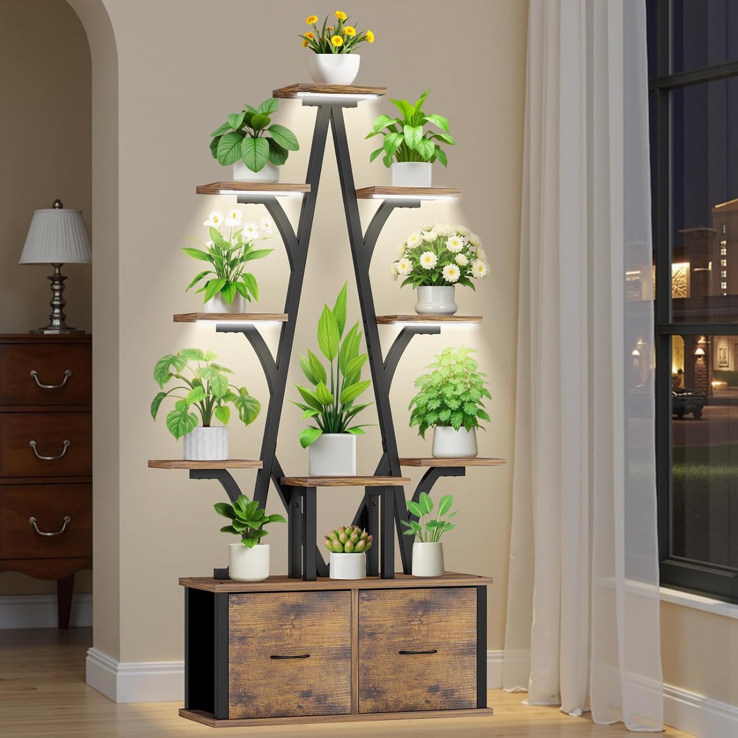 plant stand with grow light - 10 tiered plant stand indoor with removable drawer, 65" tall plant shelf with grow light for indoor plants multiple, great for home, living room, balcony