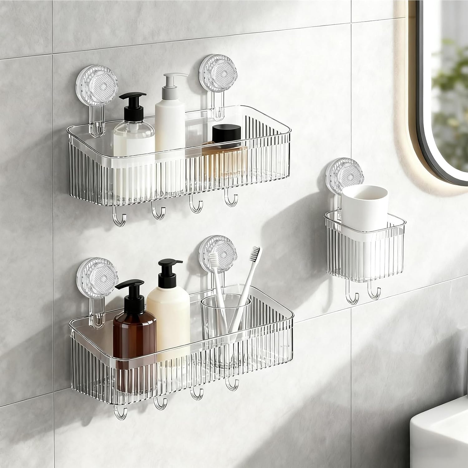 3 Pack Suction Cup Shower Caddy, Clear Shower Shelves No Drilling with Movable Hooks & Toothbrush Holder, Wall Storage Shelves for Bathroom, Kitchen