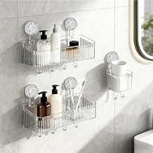3 Pack Suction Cup Shower Caddy, Clear Shower Shelves No Drilling with Movable Hooks & Toothbrush Holder, Wall Storage Shelves for Bathroom, Kitchen