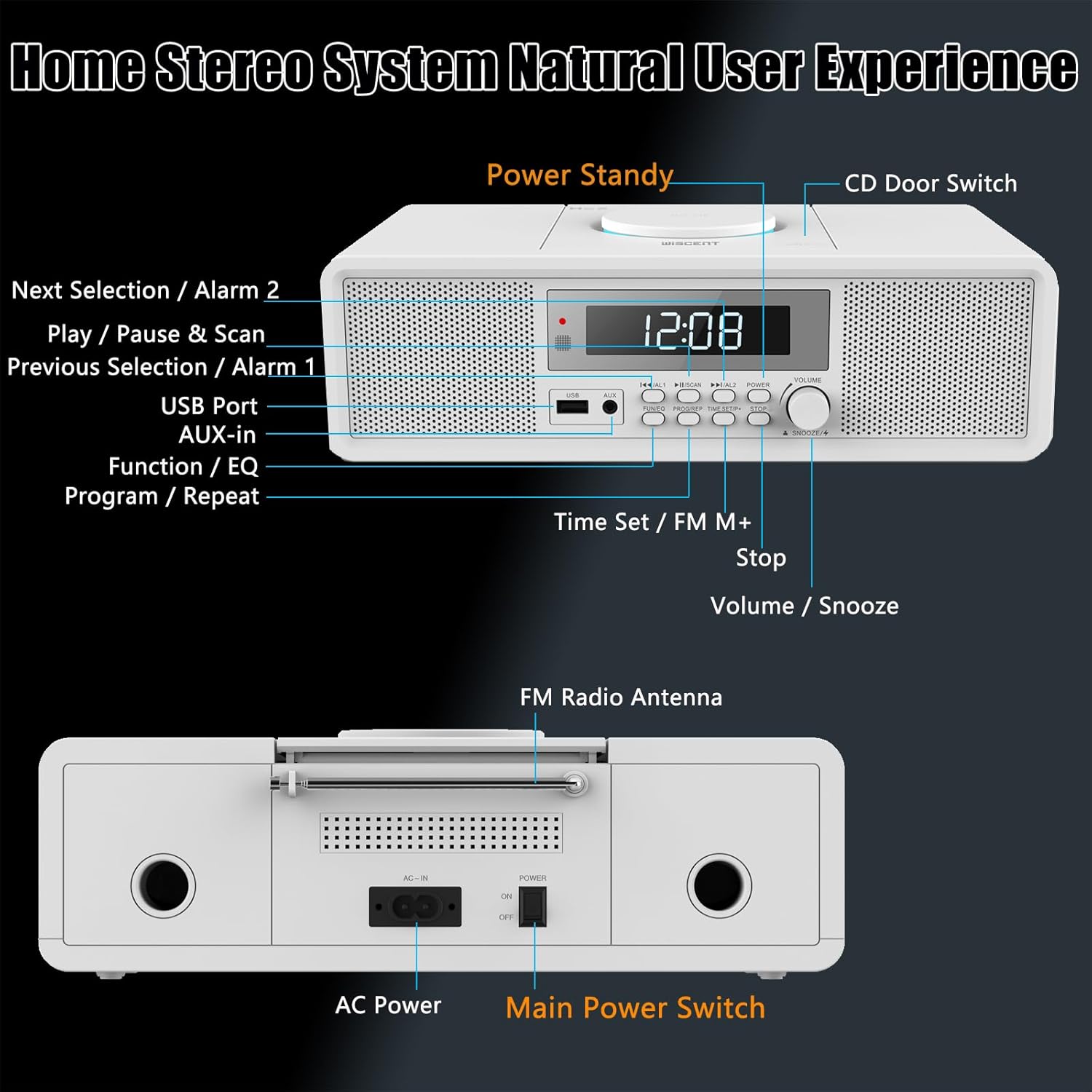 Diagram showing the front and rear panel controls of the WISCENT WTB-798 stereo system, including buttons for power, mode, volume, alarm, USB port, AUX-in, and the main power switch at the back.
