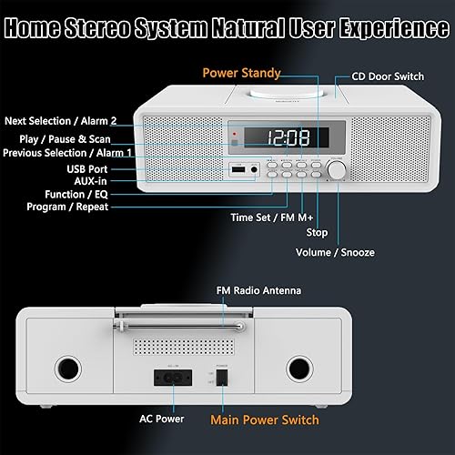 Miniatura 3 de Reproductor de CD Bluetooth retro con reloj despertador y radio FM, altavoces estéreo de 20 W, diseño de carga superior, alarma dual, entrada