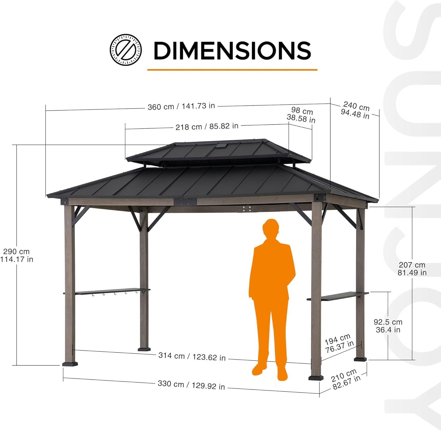 Technical drawing showing the full dimensions of the Sunjoy Churchill 8x12 ft. Wooden Grill Gazebo from front, side, and top views.