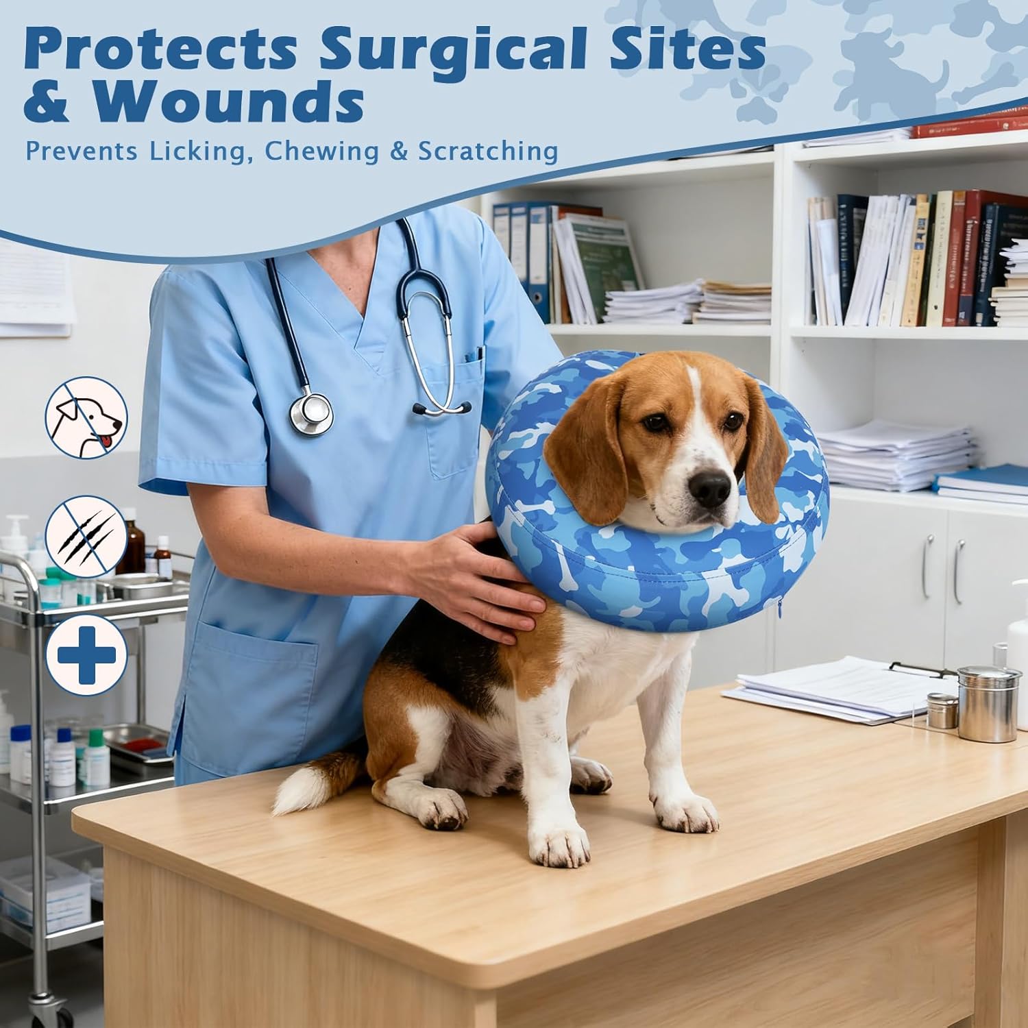 IEUUMLER Inflatable Recovery Dog Cone Collar, Neck Donut Protective ECollar, Adjustable Soft Collar for Dog and Cat After Surgery Prevent from Biting & Licking EU020 Blue Camo L