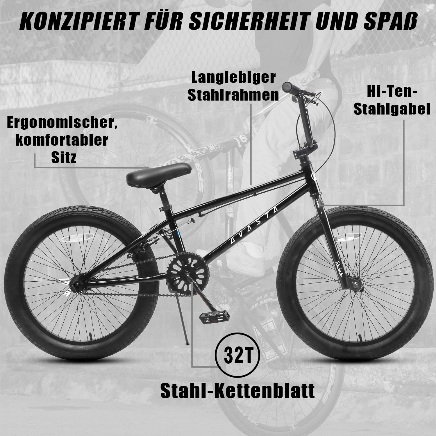 AVASTA Rubato 18 20 Zoll Freestyle BMX Kinderfahrrad für Anfänger ab 5 Jahren, Mehrfarbig