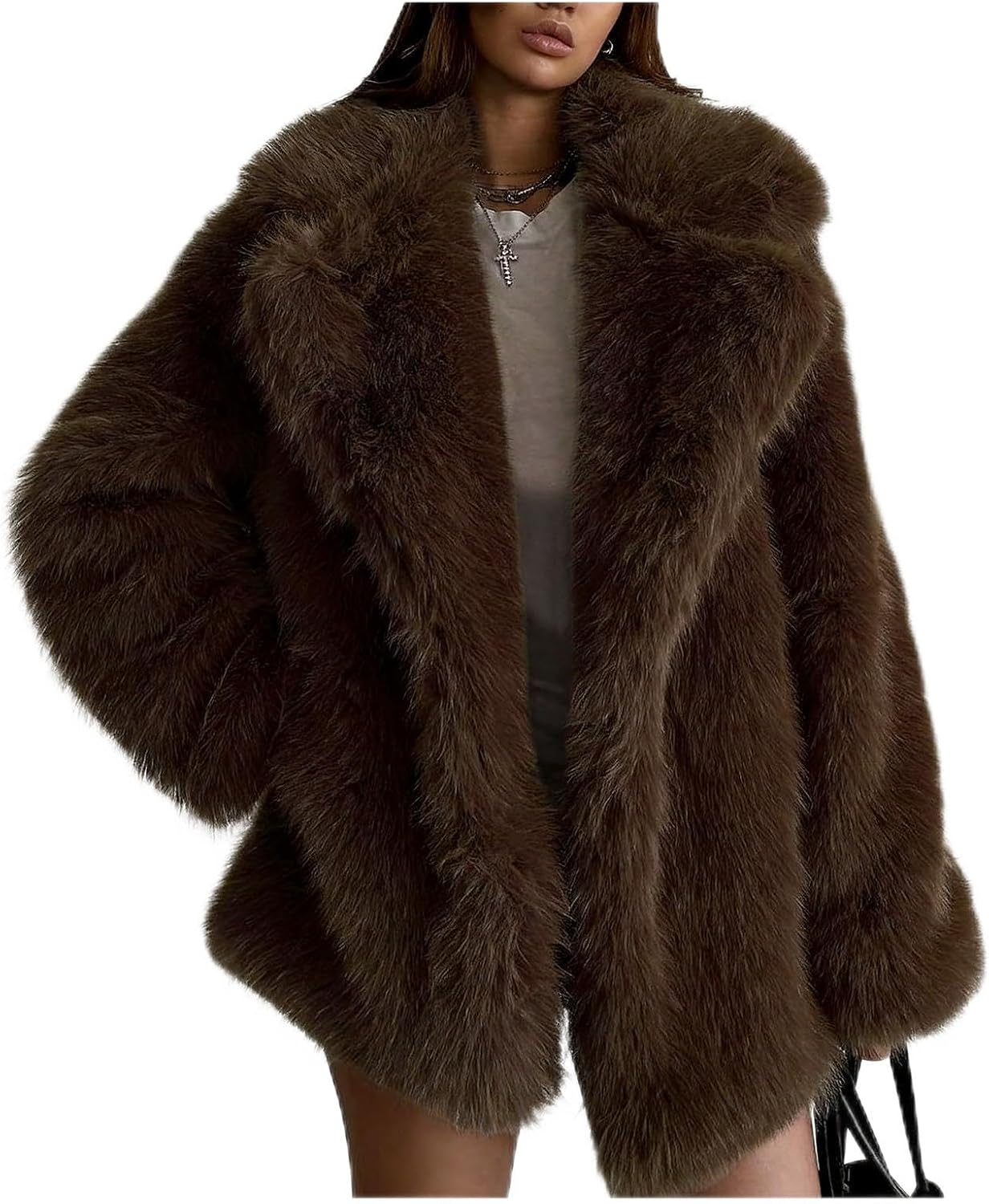 Kissonic Women Faux Fur Coat Lapel Warm Open Front Winter Outerwear