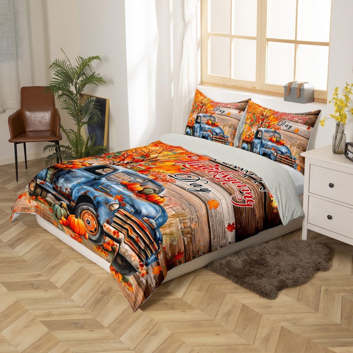 Farmhouse Pumpinks Truck Duvet Cover Toddler Size,Autumn Thanksgiving Day Soft Bedding Set,Fall Maple Tree Comforter Cover 2PCS,Splicing Wood Stripe Quilt Cover,1 Pillowcase(Not Comforter)