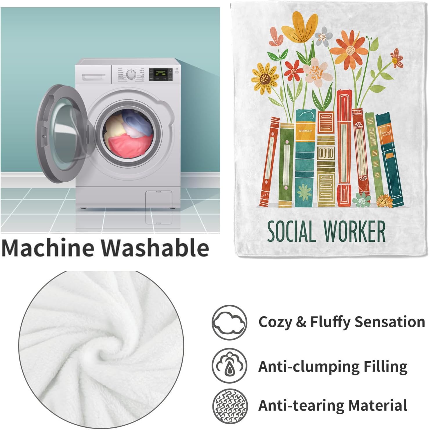 Social Work Blanket, Social Worker Book Gifts Flannel Throw Blankets,Soft Warm Lightweight Cozy Plush Floral Throws for Bedroom Sofa Office Home Decor Graduation Gifts for Women Girls 60"x50" - Image 4