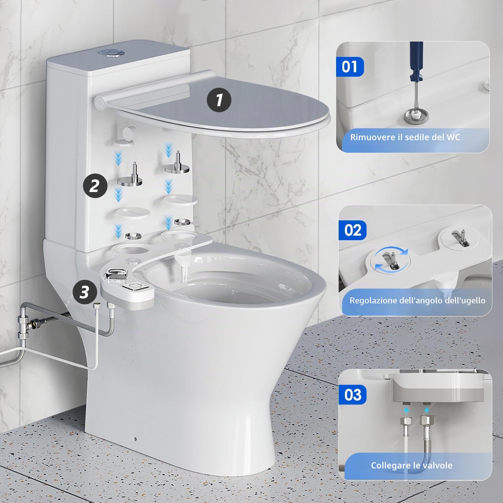 Attacco Bidet per WC UK, Bidet Non-Elettrico con Acqua Calda e Fredda con Doppio Ugello Autopulente (Lavaggio Frontale e Posteriore), Pressione dell'Acqua Regolabile Attacco Ultra-Sottile per