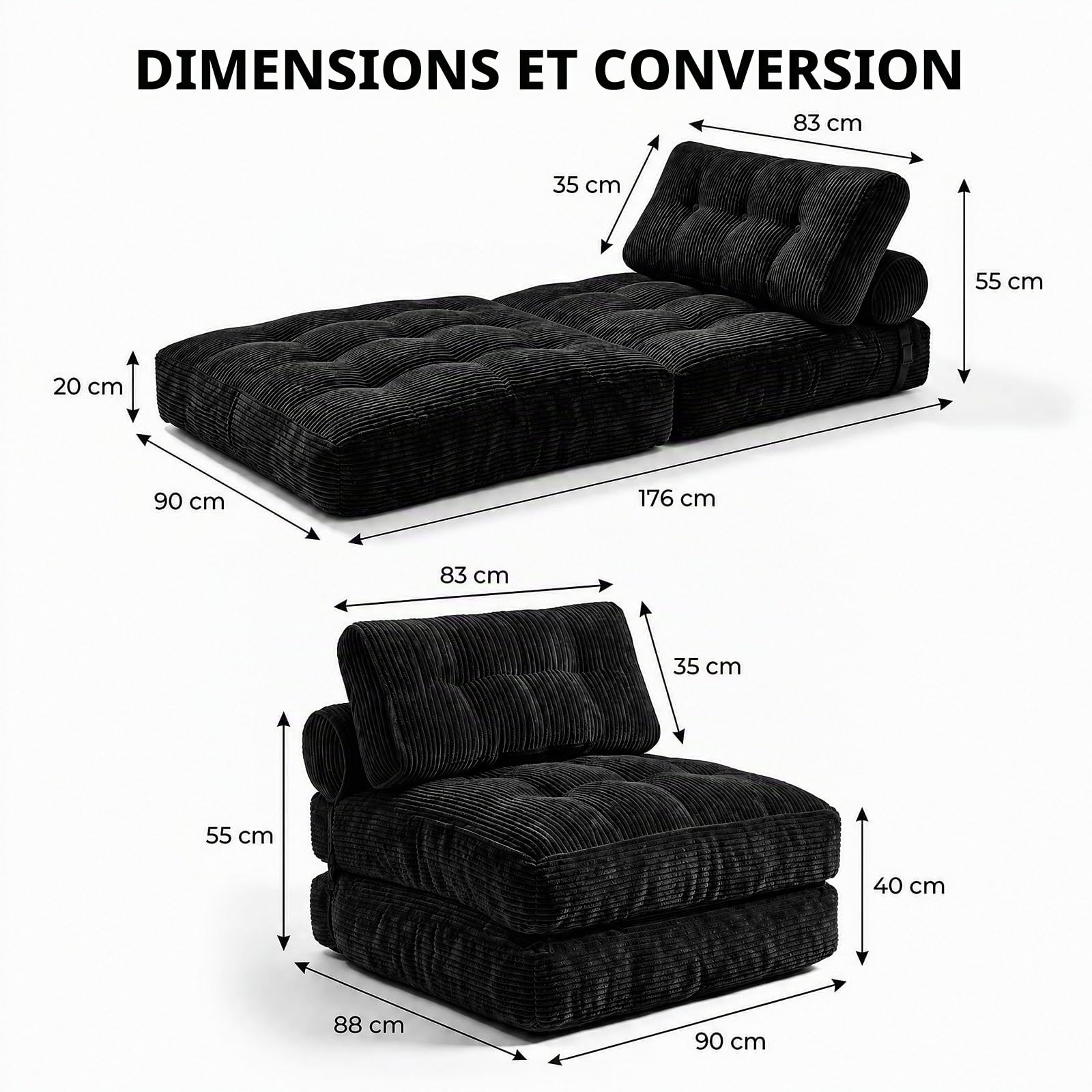 Fabulcozy Canapé-Lit 4-en-1 Convertible Pliable - Fauteuil, Fauteuil Convertible Canapé lit 1 Place Idéal Petit Espace, Salon ou Chambre(Noir)