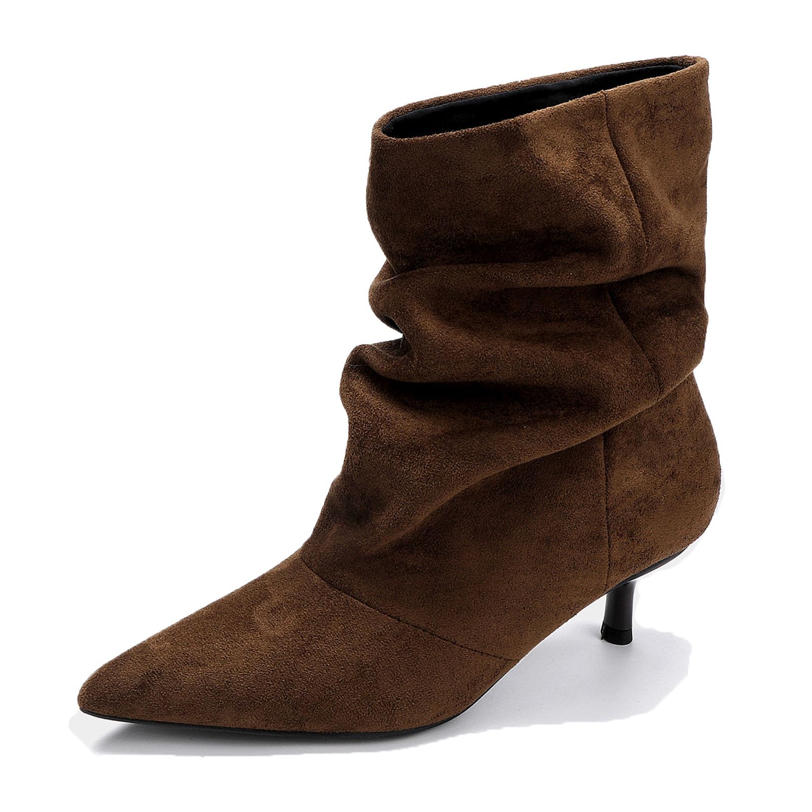 Womens Suede Kitten Heel Slouchy Ankle Boots Fashion wrinkles Pointed Toe Low heel Pull On Wide Cowboy Calf