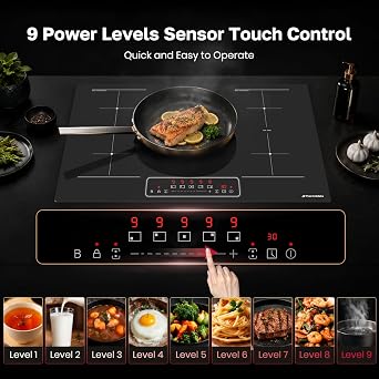 ThermoMate 30 Inch Induction Cooktop, 5 Burners Electric Stove Top with Bridge-SYNC, 9600W Built-in Induction Cooktop, 9 Heat Levels, Power Boost, Sensor Touch Control, Timer & Child Lock, 240V