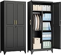POLUP 71" Metal Lockable Armoire Wardrobe Closet with Adjustable Shelves & Hanging Rod - Sturdy Steel Storage for Bedroom, Office, Gym (Black)