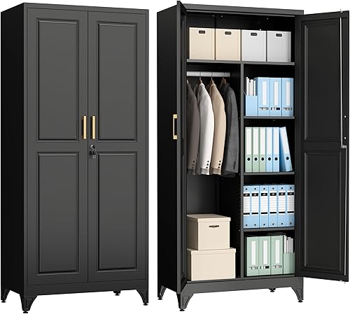 Metal Armoire Wardrobe Closet with Lock, 71" Tall Wardrobe Cabinet with Doors, Hanging Rod and 3 Adjustable Shelves, Steel Clothing Storage Cabinet