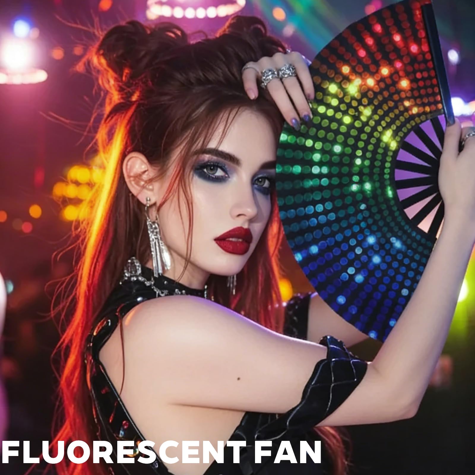 LUKIUP Faltbare Handfächer, Holographische Laser-Farben Handfächer, Bunter Faltfächer Faltbarer Tragbarer Rave Fächer für Festival, Party, Konzert, Disco, Karneval & Cosplay