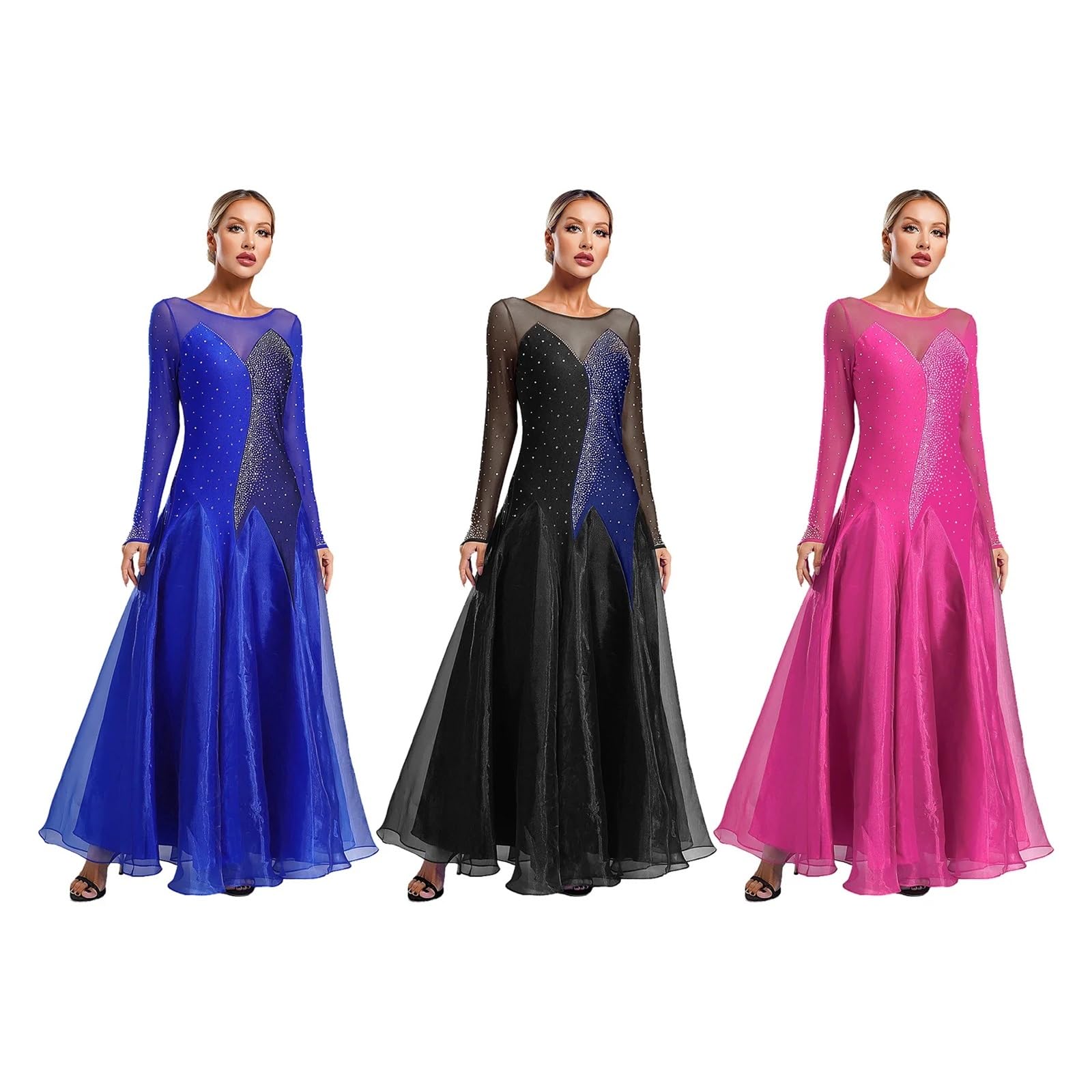 Tanzkleid Damen Damen Lyrisches Walzer-Tango-Tanzkleid, Transparentes Netz, Langärmliges Maxikleid Mit Glitzernden Strasssteinen for Bühnenauftritte