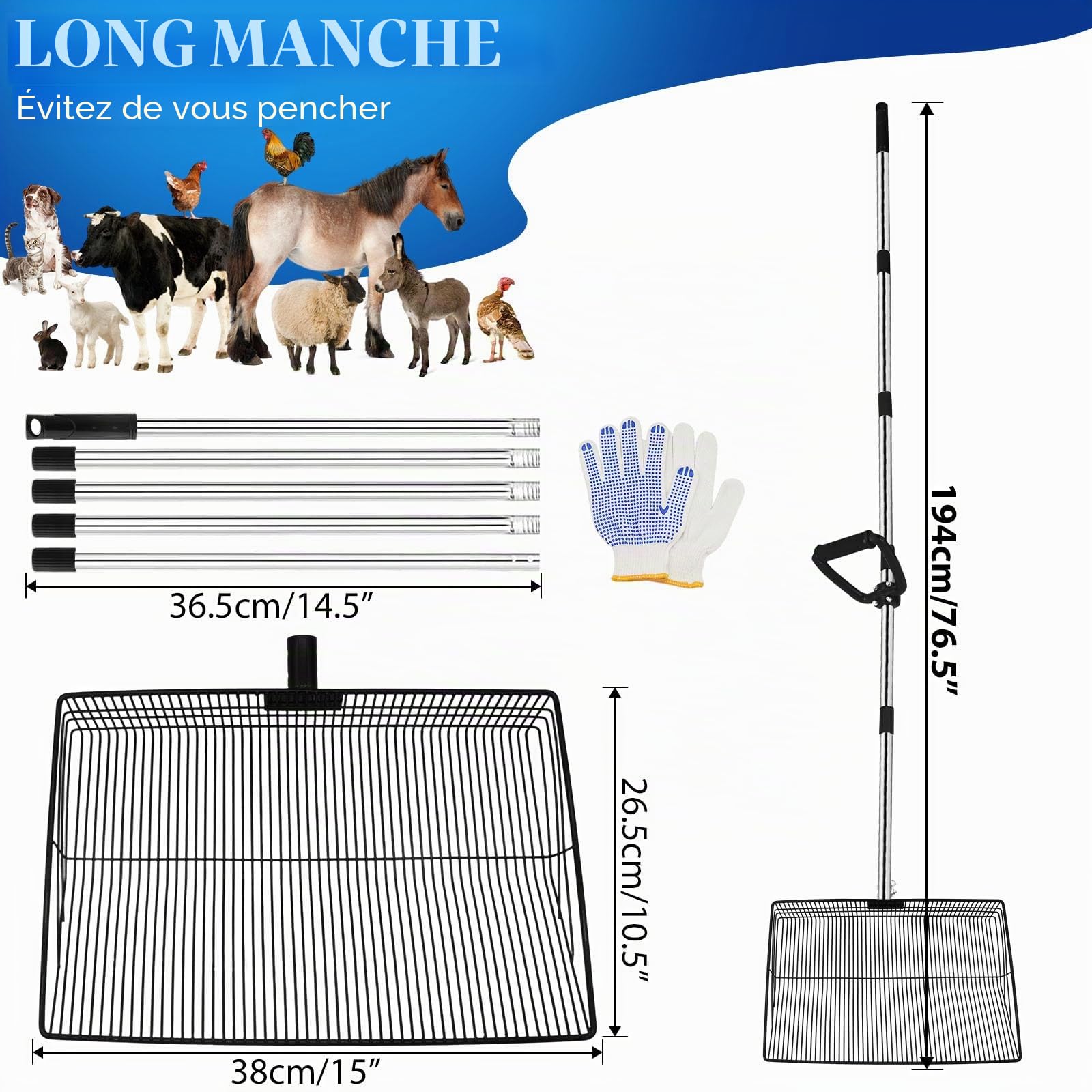 Pelle à déjections d'animaux de compagnie extra large – Manche de 173 cm de long avec poignée en D – Pelle en métal de 38 cm de large pour poulailler, jardin, niche pour chien, clapier – Pelle