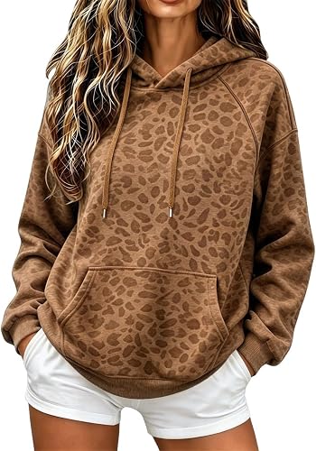 Leopard Print Hoodies for Women Raglan Sleeve Pullover Oversized Sweatshirt