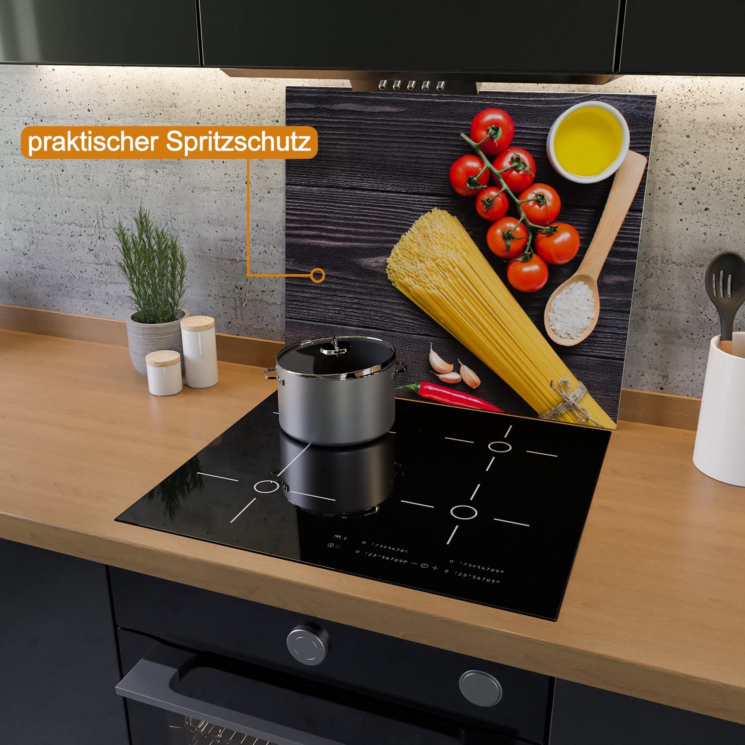 Wallario Herdabdeckplatte/Spritzschutz aus Glas, 1-teilig, 60x52cm mit 8mm hohen Füßen, für Ceran- und Induktionsherde, Italienisches Menü mit Spaghetti, Tomaten, Salz und Chilischoten