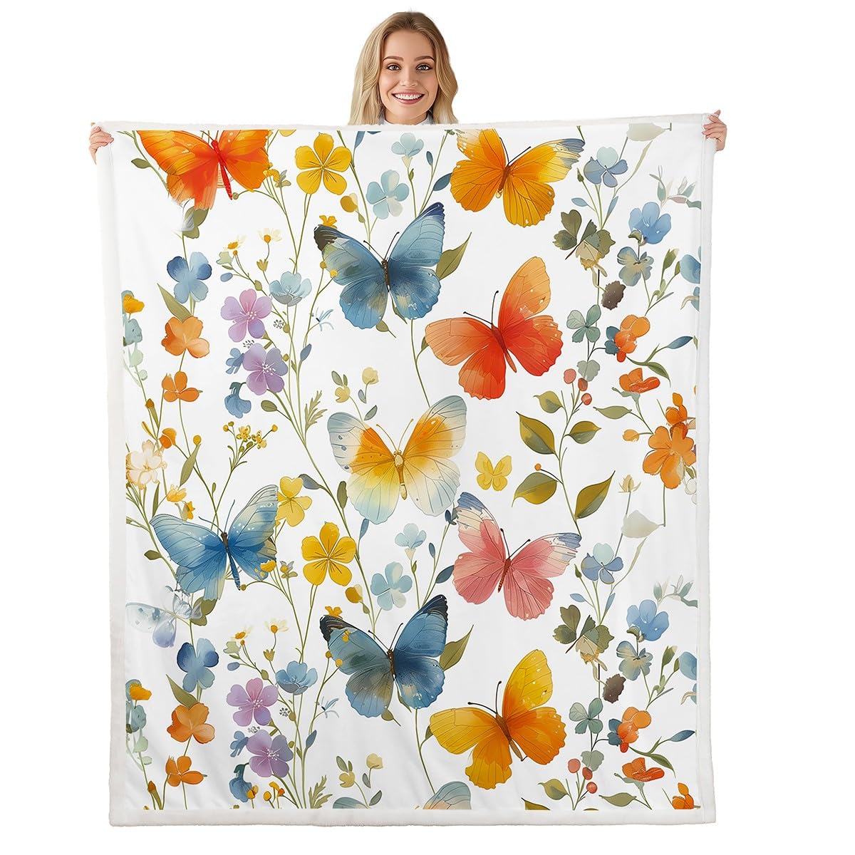 Homewish Bunte Blumen Kinder Decke 150x200cm Botanische Blätter Dekorativ Kuscheldecke Schmetterling Fleecedecke für Jugendliche,Vintage Wildblumen Bett Sofa Couch Dekorative Decken