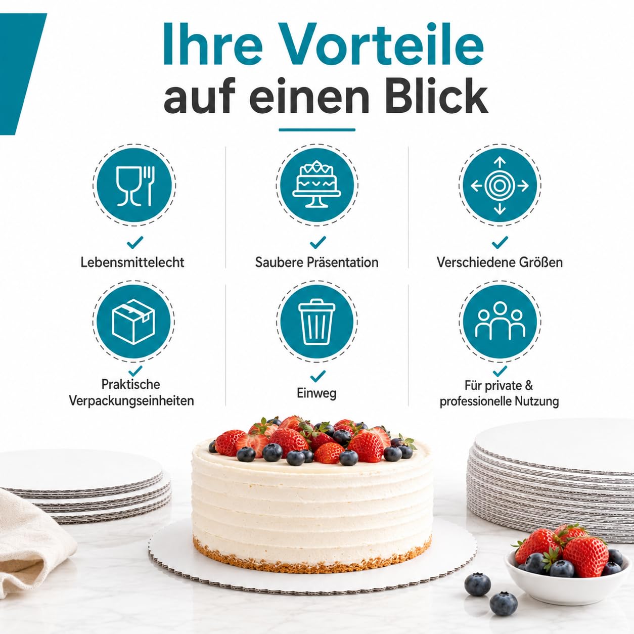 Commerline 100 Stück Tortenunterlagen | Ø 30 cm Runde, Weiß | Gezackter Rand | Pappe | Lebensmittelecht | Einweg Kuchenunterlagen für Torten, Gebäck & Desserts | Bäckerei & Konditorei