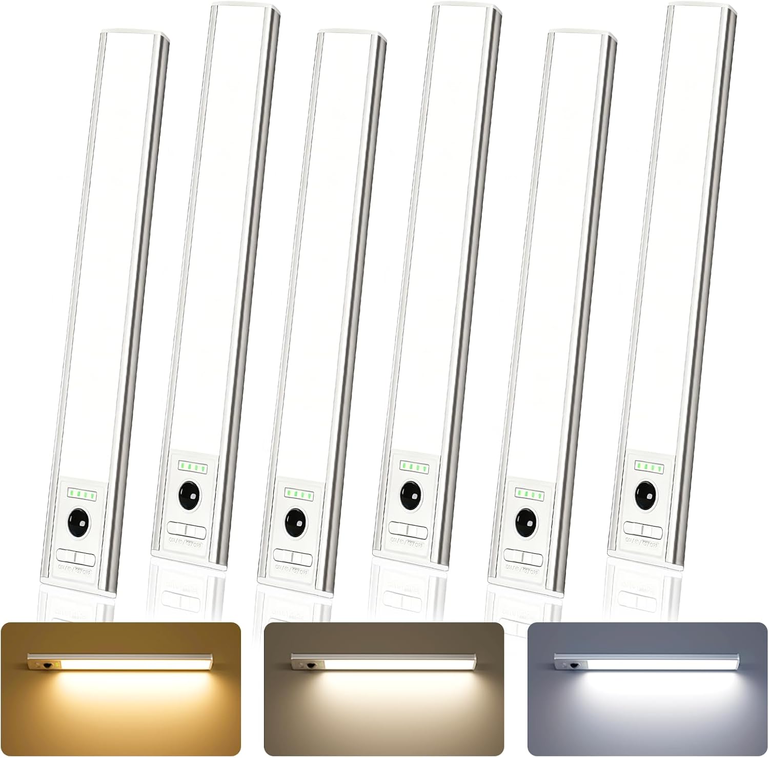 EZVALO 10-inch Under Cabinet Lighting Wireless with Battery Indicator, 2000mAh Rechargeable Motion Sensor Light Indoor, 80 LED Under Counter Lights for Kitchen Closet, 3 Color Temps, Dimmable - 6 Pack