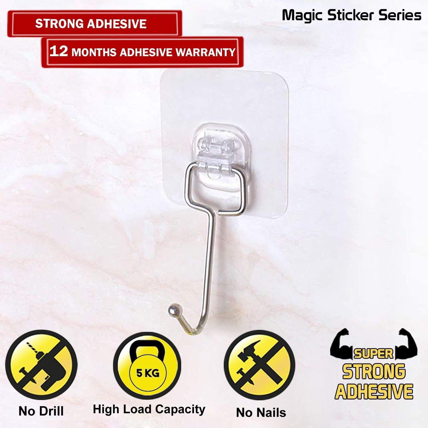 Waterproof and Rustproof Adhesive Heavy Duty Wall Mount Metal Hook 5kg — Amazon image 6