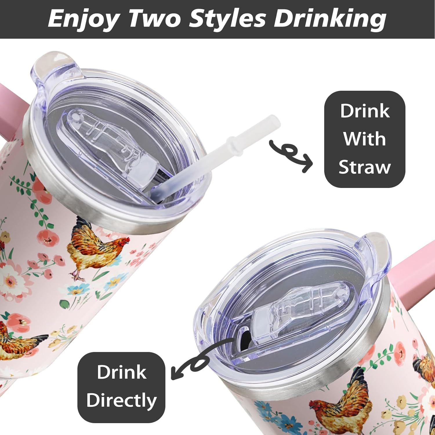 40 oz Chicken Tumbler with Handle and Straw, Rooster Stainless Steel Vacuum Insulated Travel Coffee Mug Cup Water Bottle, Chicken Stuff Accessories Decor, Rooster Gifts for Women Girls - Image 4