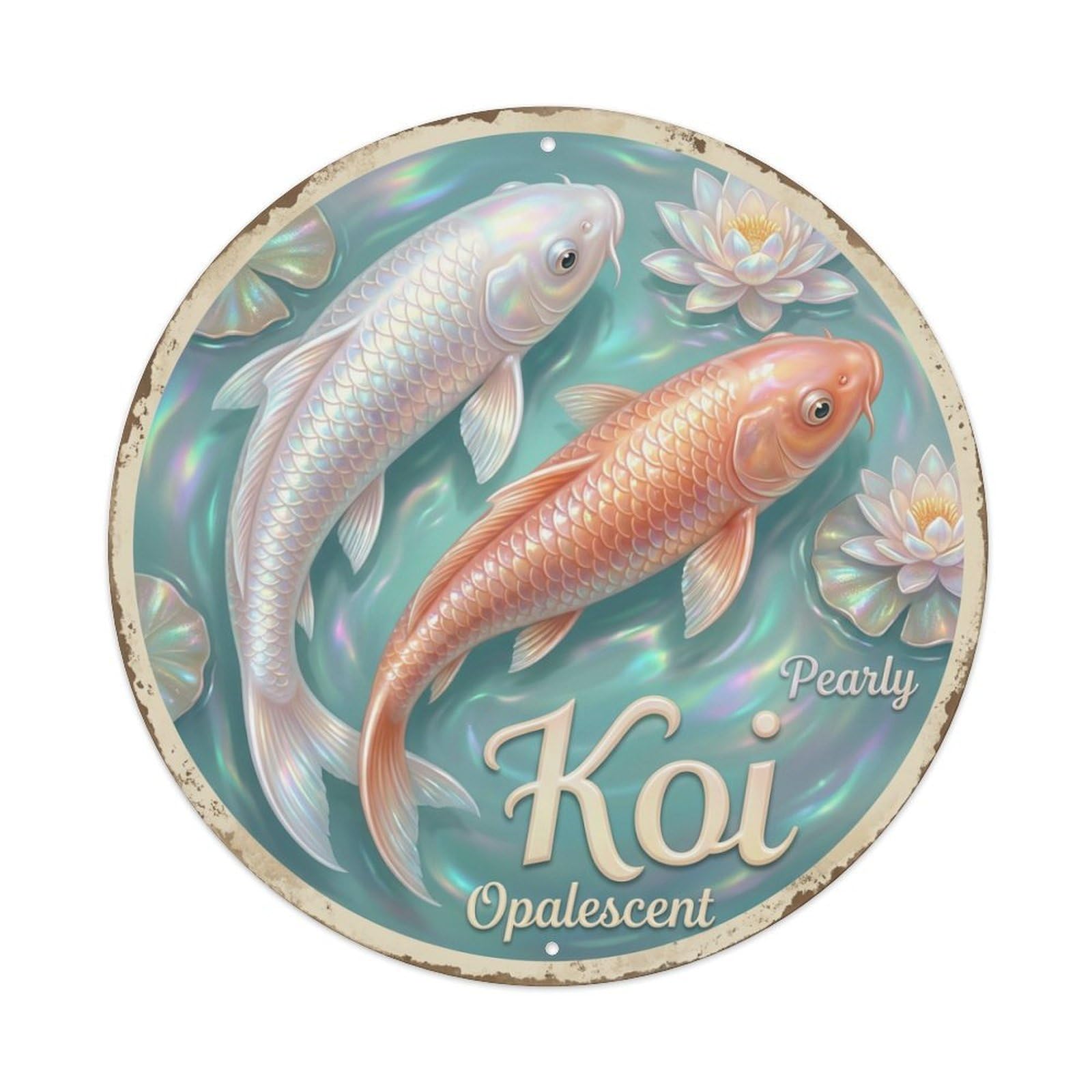 Koi Fish Pearly Opalescent Lustrous Waters Shimmering Gleam Metal Tin Sign
