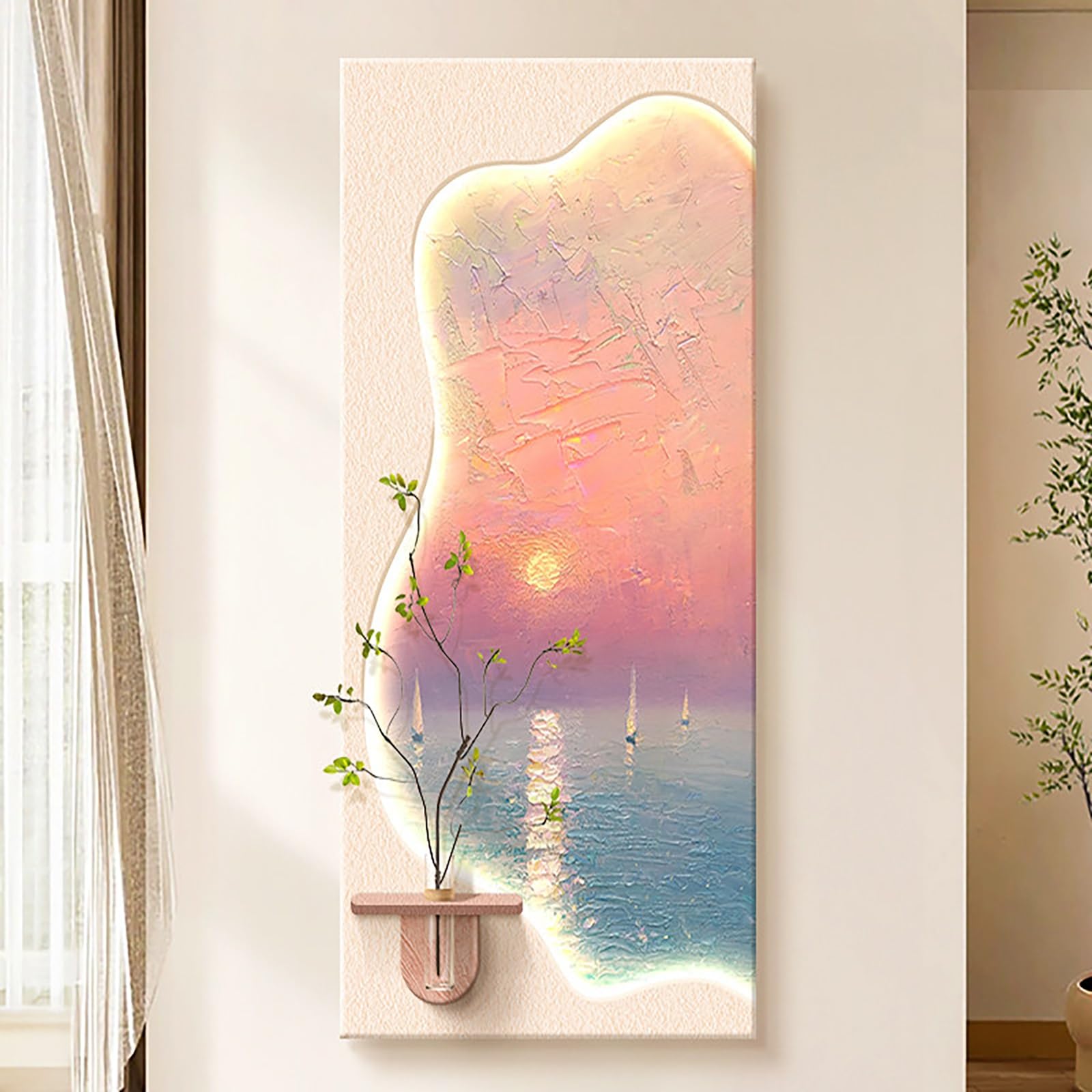 ZCQMSCWW 3D LED Wall Art Painting, Illuminated Borderless Design with Integrated Glass Vase Plug-in Power Vertical Hanging for Living Room Bedroom(B,120 * 60cm/47.2 * 23.6in)