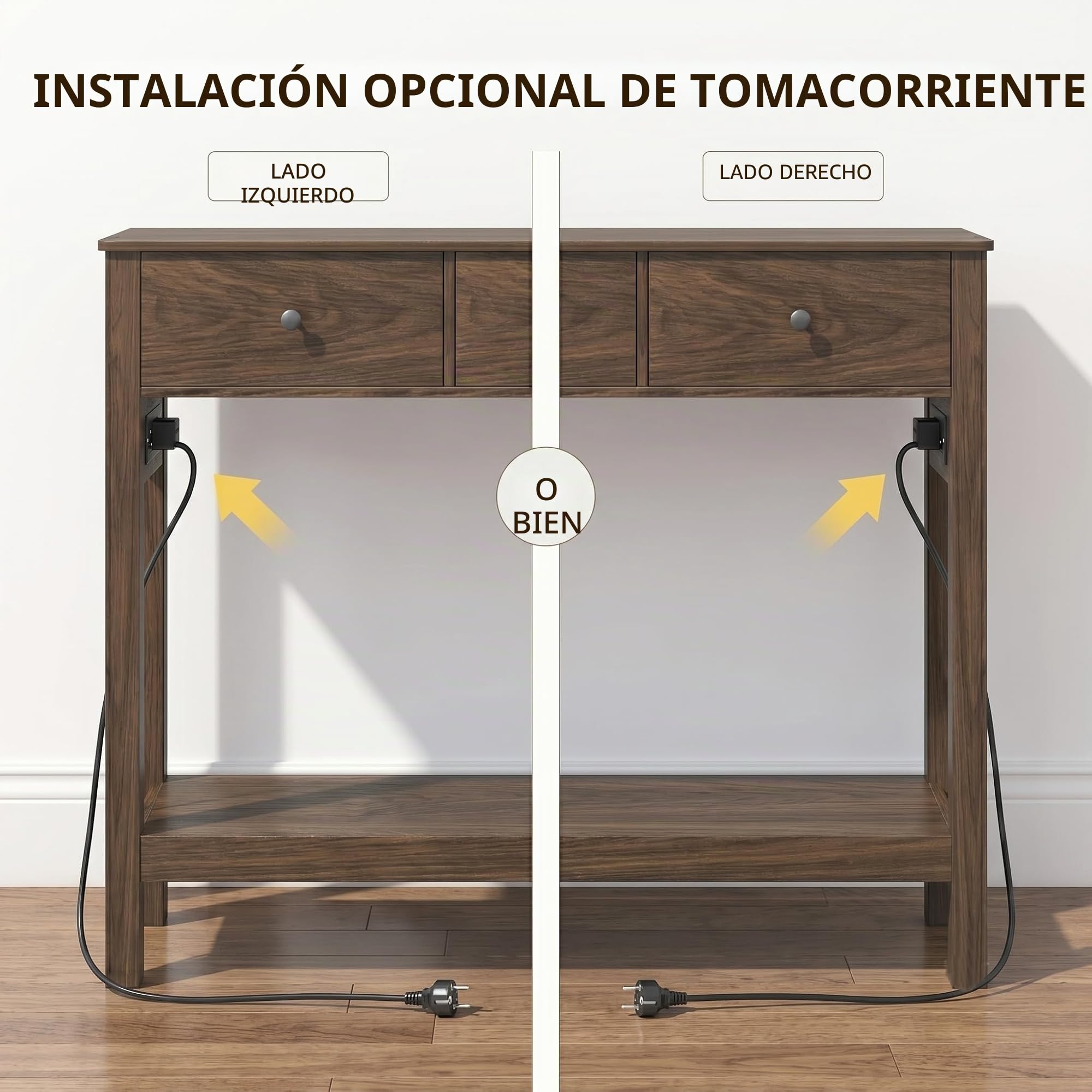 Xbro Mesa de Consola con Tomas de Corriente, Mesa de Pasillo con 3 Cajones y Estante, Mueble Recibidor Entrada para Entrada, Pasillo,Salón,130 x 30 x 80 cm,Marrón