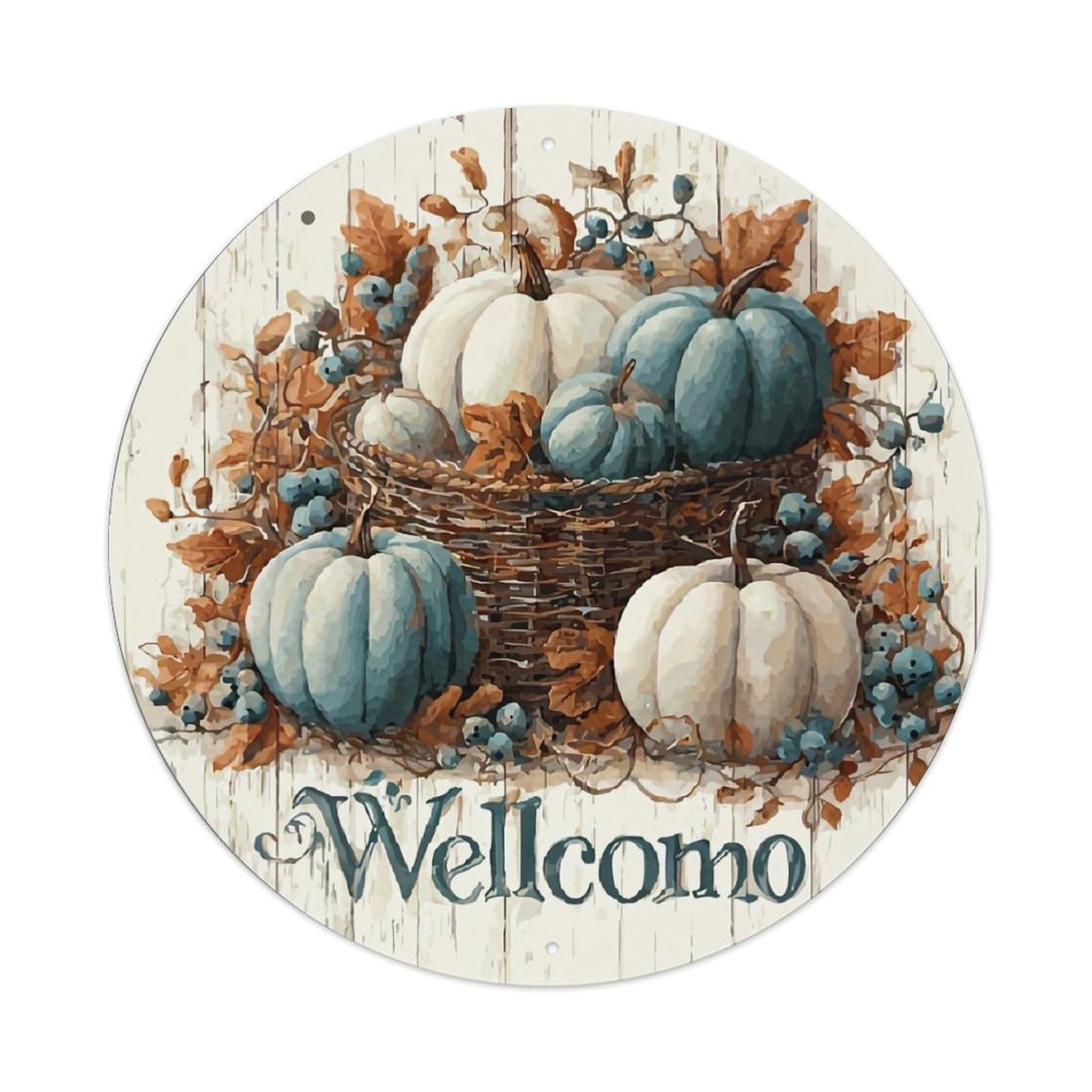 Pumpkin Basket Autumn Leaves Welcome Retro Metal Sign Round Tin Sign, Vintage Decor Art Poster for Bar, Home, Man Cave, Kitchen, Laundry Room Gift 8x8Inch