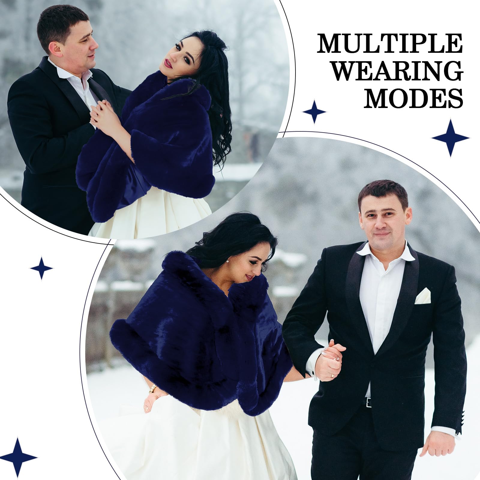 Jadive Châle en fausse fourrure pour femme avec 2 broches en strass pour mariage, cape en fausse fourrure