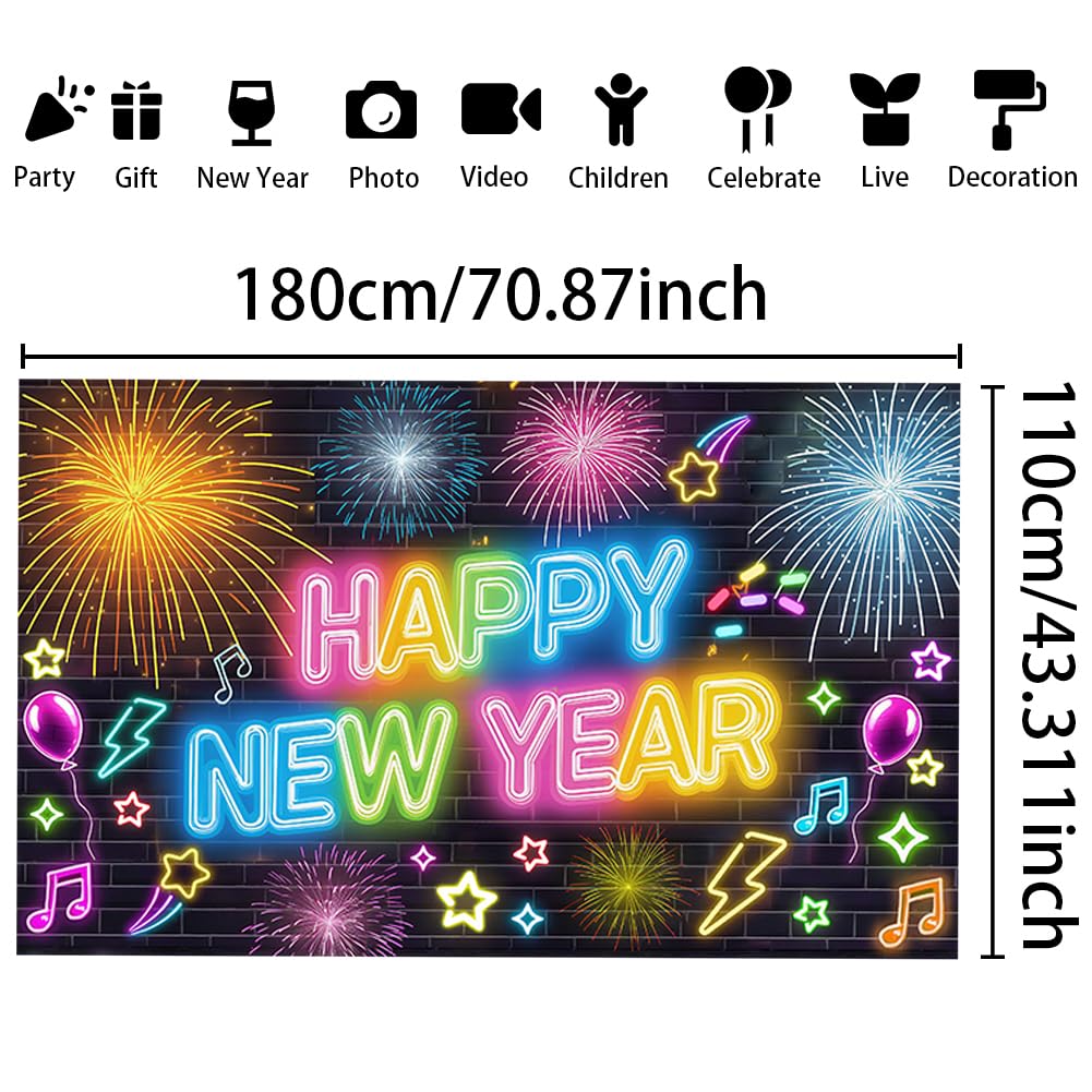 CRAFTYMELODY Happy New Year Banner 72×44 Inch New Year Backdrop Wall Banner with Fireworks Photo Booth Yard Sign Indoor Outdoor with Grommets 3.2 Yard String for Party Decoration Background Supplies - Image 2