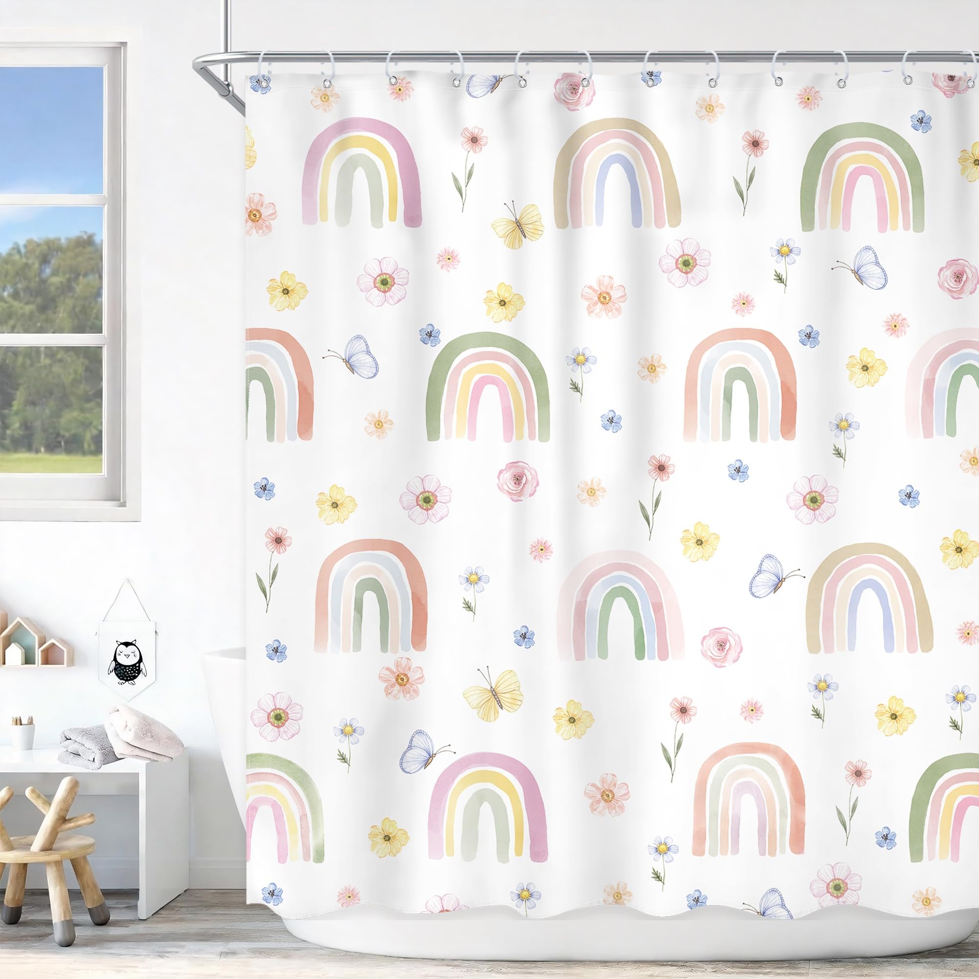 Cute Rainbow Shower Curtain for Girls - Pink Bathroom Set -11