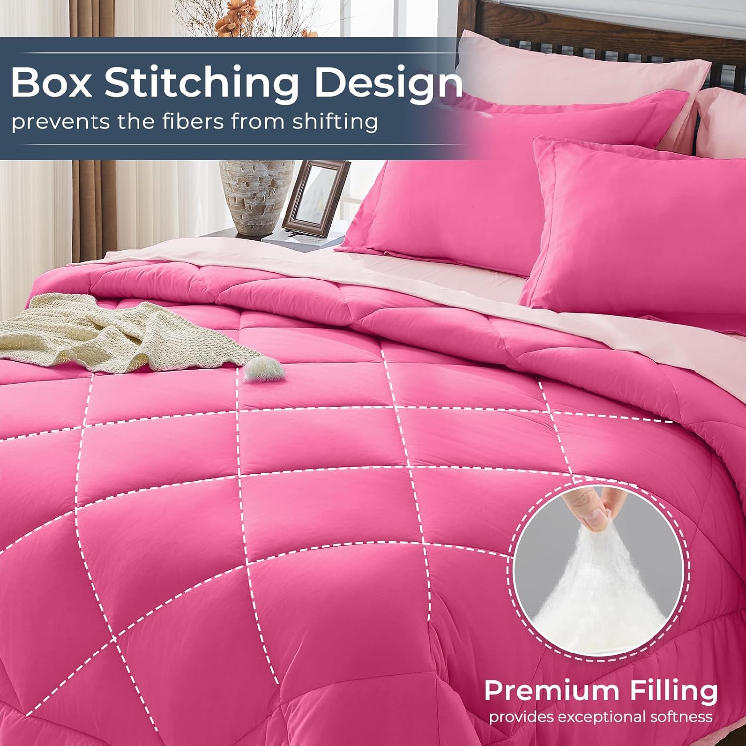 HEVUMYI Hot Pink & Baby Pink Twin Comforter Set - 5-Piece All Season Bed in a Bag Twin, Ultra Soft Bedding Set with Comforter, Flat Sheet, Fitted Sheet, Pillowcases, Pillow Shams - Image 4