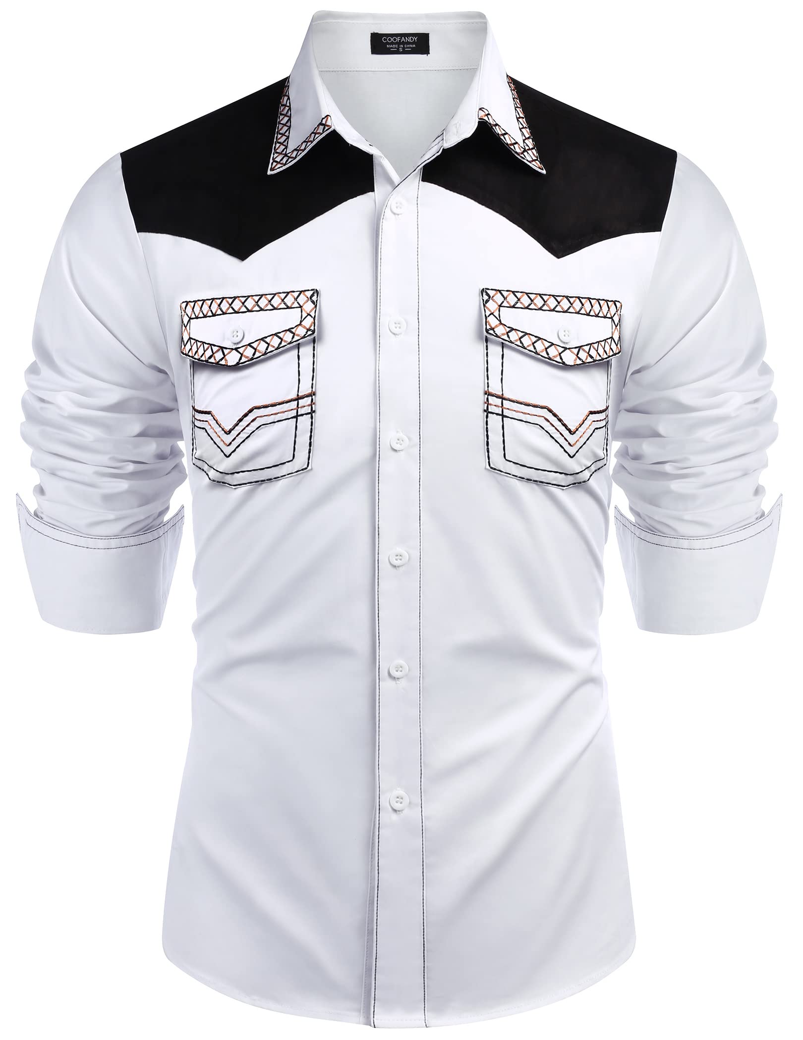 Coofandy Men's Western Cowboy Shirt Embroidered Long Sleeve Slim Fit Casual Cotton Button Down Hippie Shirts with Pockets, White, XL