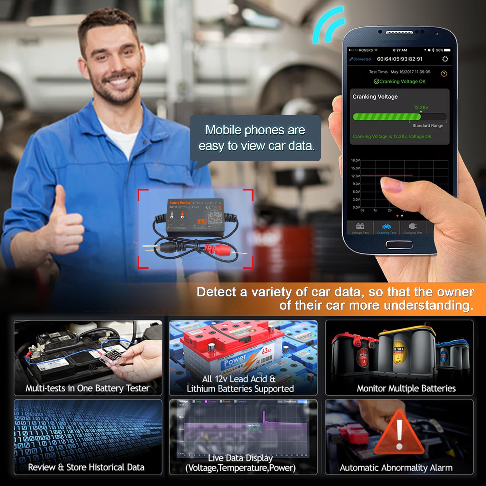 Monitor Batteria Bluetooth 4.0 Wireless Battery Tester, Car Charging Start e Alarm System Monitor Analizzatore Batteria Digitale Adatto a 12V Sistemi Solari Moto Barche Auto Compatibili Android iOS