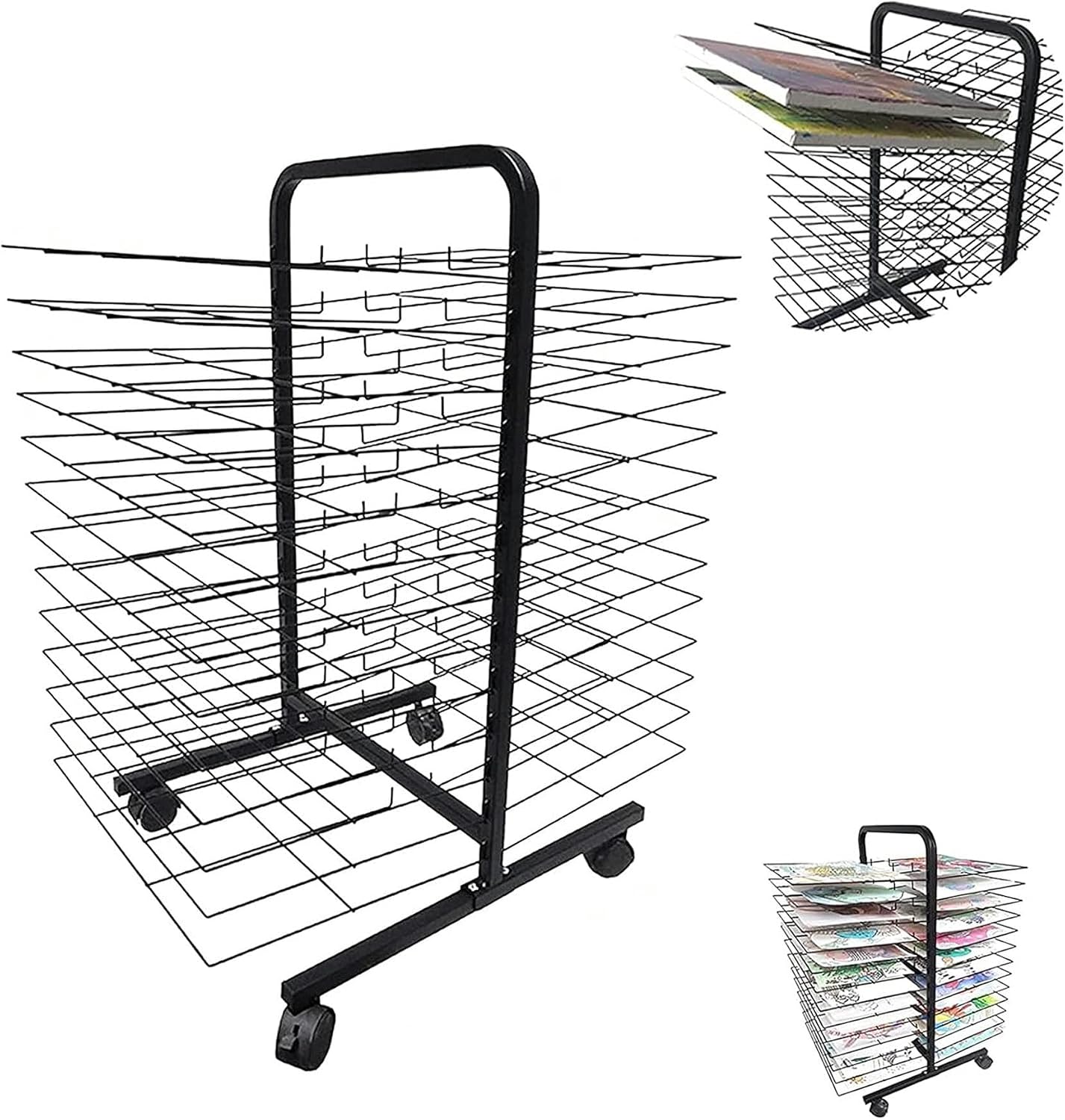 Drying Rack, Back-to-Back Double-Sided Mobile Art Drying Rack with Wire Shelves for Works of Art, Black Powder Coated Finish，Ideal for Schools and Art Clubs