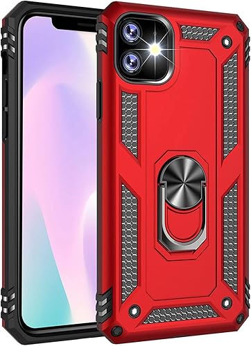 Korecase Funda para iPhone 11 resistente de 2 capas de cuerpo completo a prueba de golpes con soporte de anillo de metal, color rojo