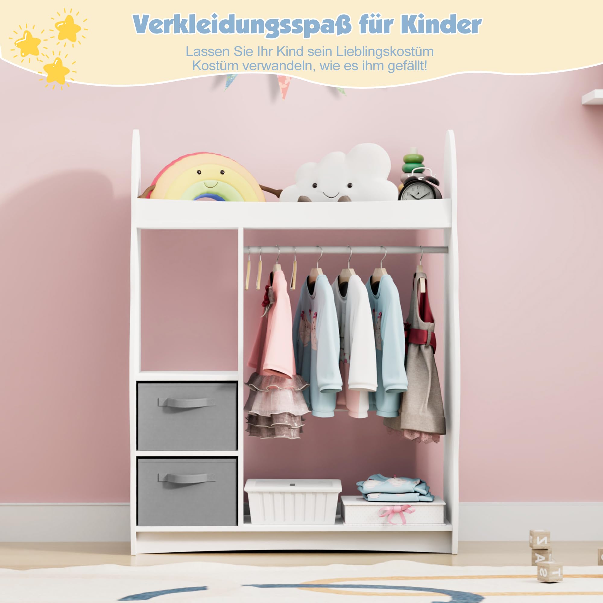 KEEPREAPER Kinder Kleiderschrank Kinderkleiderständer mit Boxen, Kleiderstange, Spiegel und Ablagen, Kindergarderobe aus Holz, Kinderregal 81 x 28 x 106,5 cm (Wolken mit 2 Schubladen, Weiß)