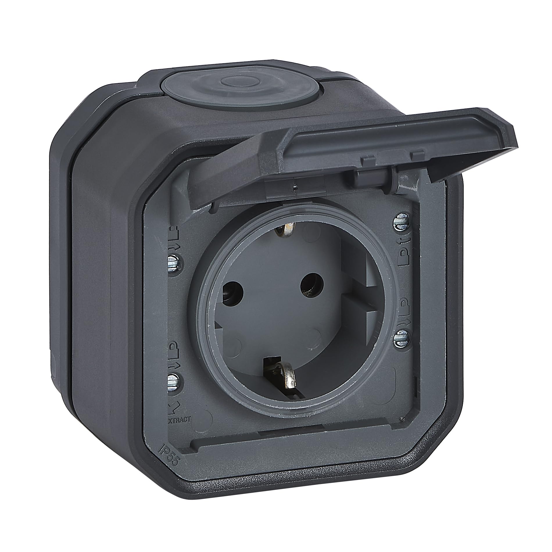 Legrand Charcoal Plexo New 069799L Surface-Mounted Socket Schuko Standard With Hinged Lid Contact Protection Plug-In Terminals 16 Amp 250 Volt Ip44 Ik07 Anthracite