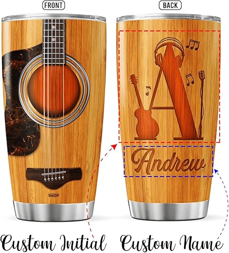 Miniatura 2 de Vaso de café personalizado con inicial, taza de viaje de guitarra con tapa, nombre personalizado, regalos de cumpleaños para mujeres, hombres,
