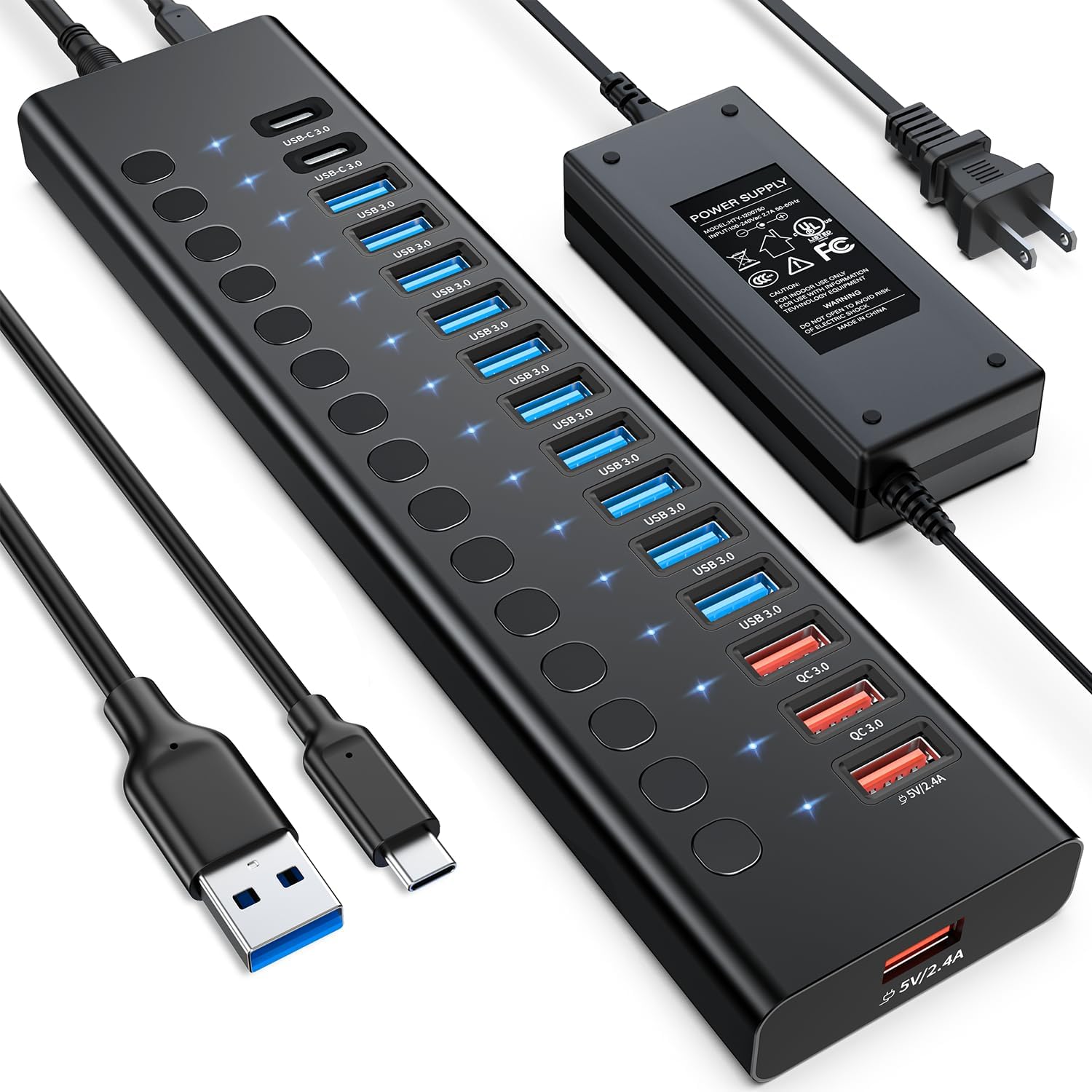 Powered USB Hub, AGEEN 16-Port USB 3.0 Hub (10 USB-A 3.0+2 QC 24W Fast Charging+2 Smart Charging+2 USB-C 3.0 Ports), 12V/8A 96W UL Certified Power Adapter for PC, Laptop, HDD, Flash Drive (16-Port)