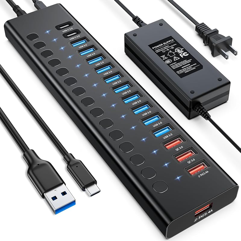 Powered USB Hub, AGEEN 16-Port USB 3.0 Hub (14 USB-A+2 USB-C), 5Gbps | 10*USB-A 3.0, 4*QC 24W Fast Charging, 2*USB-C 3.0, Plug & Play, Aluminum, 96W Power Adapter for PC, Laptop, HDD, Flash Drive