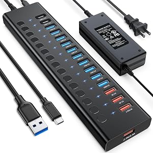 Powered USB Hub AGEEN 16-Port USB 3 0 Hub 10 USB-A 3 0 2 QC 24W Fast Charging