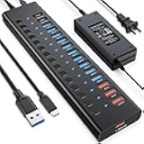 Powered USB Hub, AGEEN 16-Port USB 3.0 Hub (10 USB-A 3.0+2 QC 24W Fast Charging+2 Smart Charging+2 USB-C 3.0 Ports), 12V/8A 96W UL Certified Power Adapter for PC, Laptop, HDD, Flash Drive, Printer