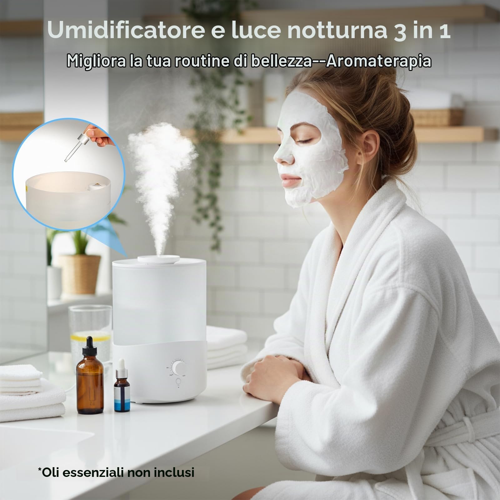 Romon Umidificatore Ambiente 2.5L Bianco, fino a 28 Ore, Diffusore di Oli Essenziali, Umidificatores Ambiente per Aromaterapia, Spegnimento Automatico, Top Fill, Ugello a 360° per Piante Soggiorno | Diffusore di Oli Essenziali, Fino a 28 Ore, Top Fill, Ug