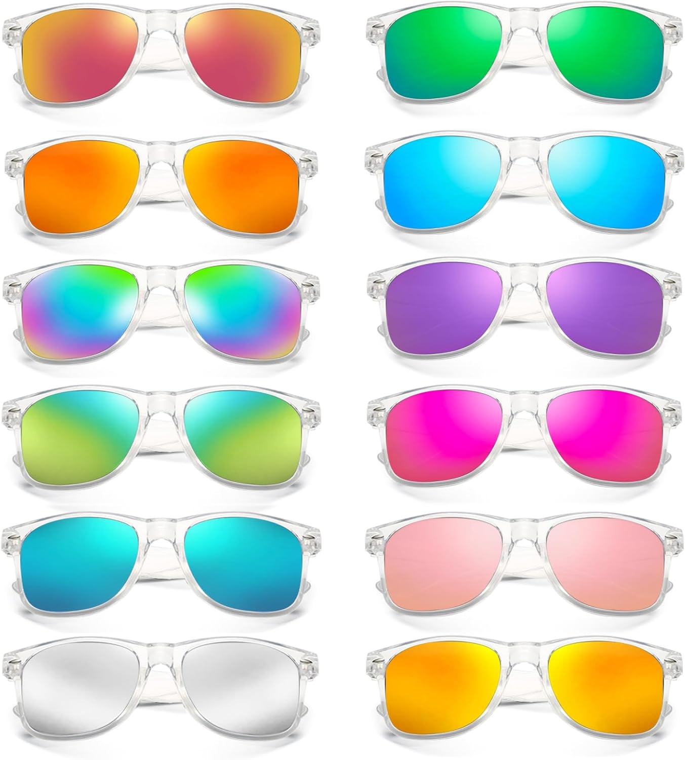 12/24 Pack Neon Color Sunglasses Classic Mirrored Lenses Glasses Men/Women Bulk Birthday Beach Pool Party Favors
