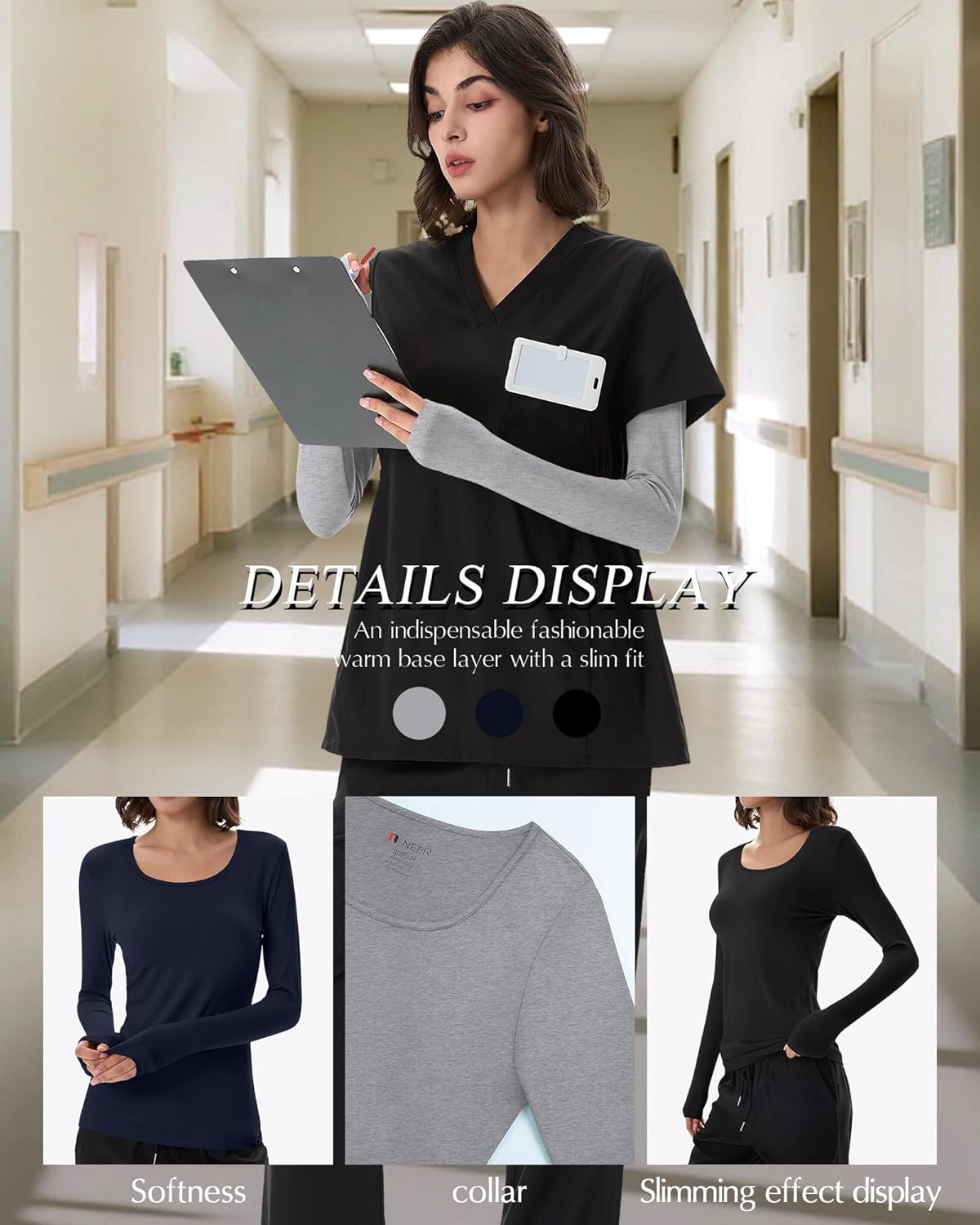 Neer 3 Pack Women's Long Sleeve Underscrub Shirts Scoop Neck Soft Scrub Undershirts for Nurse Basic Stretchy Layering Tops - Image 3